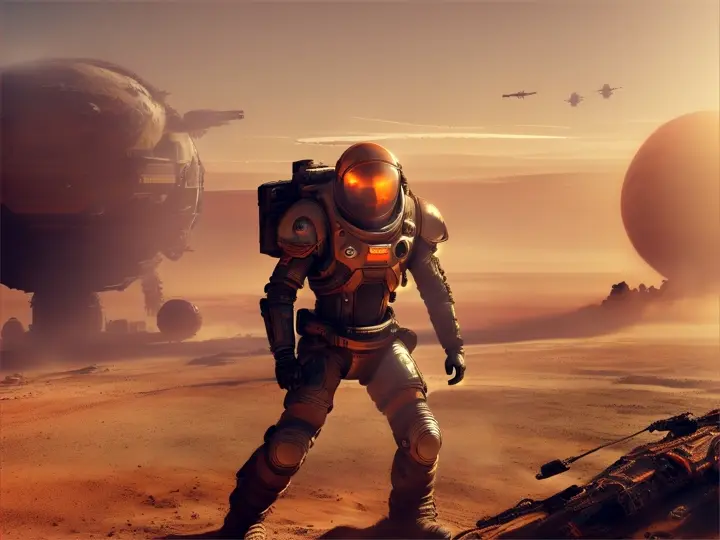 Astronauts in a war of the worlds scenario, entangled amongst rusted war machines and chaotic battlefield debris, Martian landscape backdrop, rich orange-red dust swirling, futuristic armor glinting under the weak sunlight, digital painting, dramatic lighting, ultra-realistic.