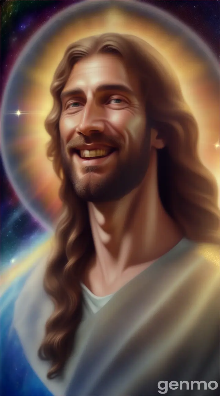 Jesús de Nazaret sonriendo moviendo los ojos primer plano en el universo celestial E DELL