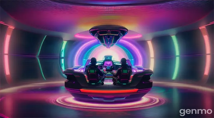 Souls playing to videogames of their incarnations on a lotus seat, it displays  on a spherical holographic screen in a spaceship cockpit