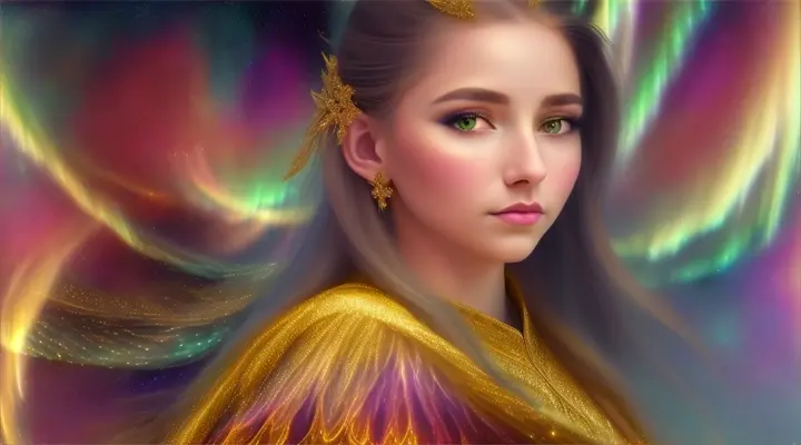 Young woman in a golden gown, awestruck-look beneath a celestial aurora, near frosty flora