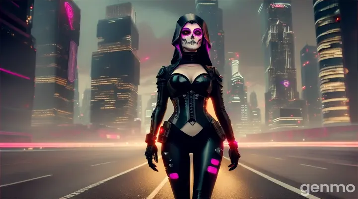 cyberpunk :la muerte vestida con un traje elegante y oscuro, camina por una ciudad futurista llena de rascacielos brillantes y vehículos voladores. La muerte tiene una expresión tranquila y observadora, mientras que la ciudad a su alrededor parece bulliciosa y llena de vida. La imagen debe tener un tono misterioso y melancólico, con un contraste entre la muerte y la vida.