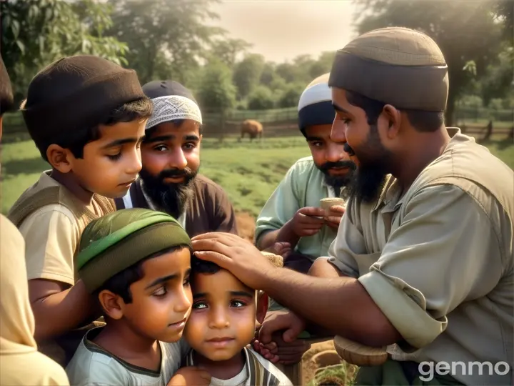 The poor Muslim farmer talking to his 3 dwarf Muslim boys happily