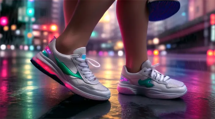 feet girl in a white sneakers dancing on the street, background - neon rain city, neon lights at night, heavy rain, close-up, anime style