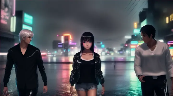 two man in black jacket standing motionless in the distance of a girl in a white t-shirt on the street, background - neon rain city at night, heavy rain, anime style