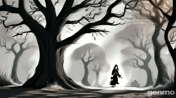 As soon as Ravi approached the tree, a cold breeze brushed against him. Suddenly, the tree's branches started shaking. He turned around, but there was no one there, yet a rustling sound echoed in his ears. A shadow It was an old woman, her eyes burning with intensity. She moved towards Ravi. His scream got stuck in his throat.cartoon