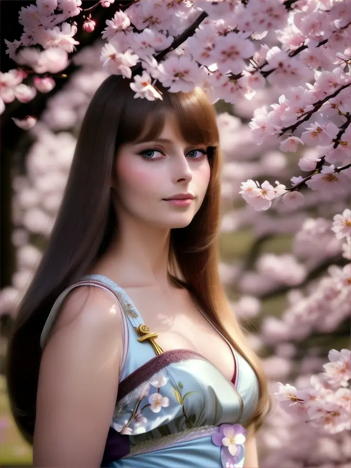 ultra realista Nastassja kinski 27 años mas humana durmiendo en un arbol de cerezo japones muy natural, ojos muy naturales mas humanos ultra realista, hiperrealista, Hime Haircut Hairstyles japones con flequillo recto y  largo en color chocolate, con estética y estilo retro futurista space age underground de 1970s japonés, diseños de  en diferentes escenarios de Japón, la escena transmite movimiento a través de distintas perspectivas del viento, los giros de cabeza o el acercamiento o alejamiento. Alta definición y detalles en rostro y cuerpo, --no deformaciones, diferentes perspectivas de planos, zoom dentro, zoom fuera, dinámica y llena de acción, 4k, plano general, plao medio, primer plano