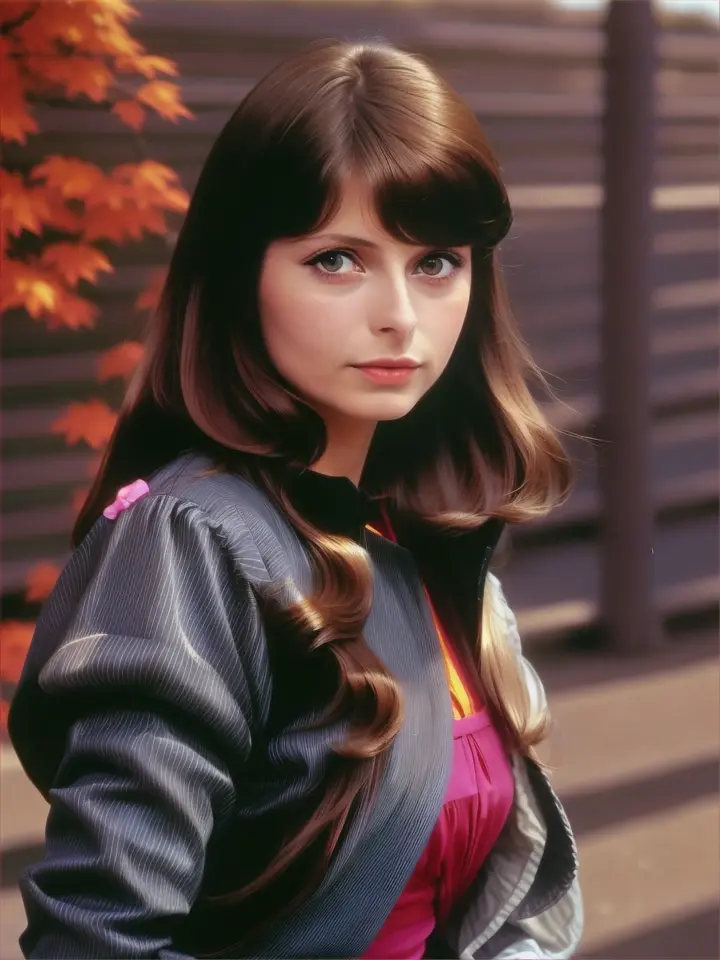 estilo cinematográfico 1970s ultra realista Nastassja kinski 27 años mas humana durmiendo en un arbol de cerezo japones en otoño muy natural, ojos muy naturales mas humanos ultra realista, hiperrealista, Hime Haircut Hairstyles japones con flequillo recto y  largo en color chocolate, con estética y estilo retro futurista space age underground de 1970s japonés, diseños de  en diferentes escenarios de Japón, la escena transmite movimiento a través de distintas perspectivas del viento, los giros de cabeza o el acercamiento o alejamiento. Alta definición y detalles en rostro y cuerpo, --no deformaciones, diferentes perspectivas de planos, zoom dentro, zoom fuera, dinámica y llena de acción, 4k, plano general, plao medio, primer plano