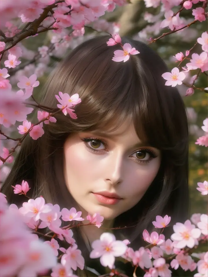 estilo cinematográfico 1970s ultra realista Nastassja kinski 27 años mas humana durmiendo en un arbol de cerezo japones en otoño muy natural, ojos muy naturales mas humanos ultra realista, hiperrealista, Hime Haircut Hairstyles japones con flequillo recto y  largo en color chocolate, con estética y estilo retro futurista space age underground de 1970s japonés, diseños de  en diferentes escenarios de Japón, la escena transmite movimiento a través de distintas perspectivas del viento, los giros de cabeza o el acercamiento o alejamiento. Alta definición y detalles en rostro y cuerpo, --no deformaciones, diferentes perspectivas de planos, zoom dentro, zoom fuera, dinámica y llena de acción, 4k, plano general, plao medio, primer plano