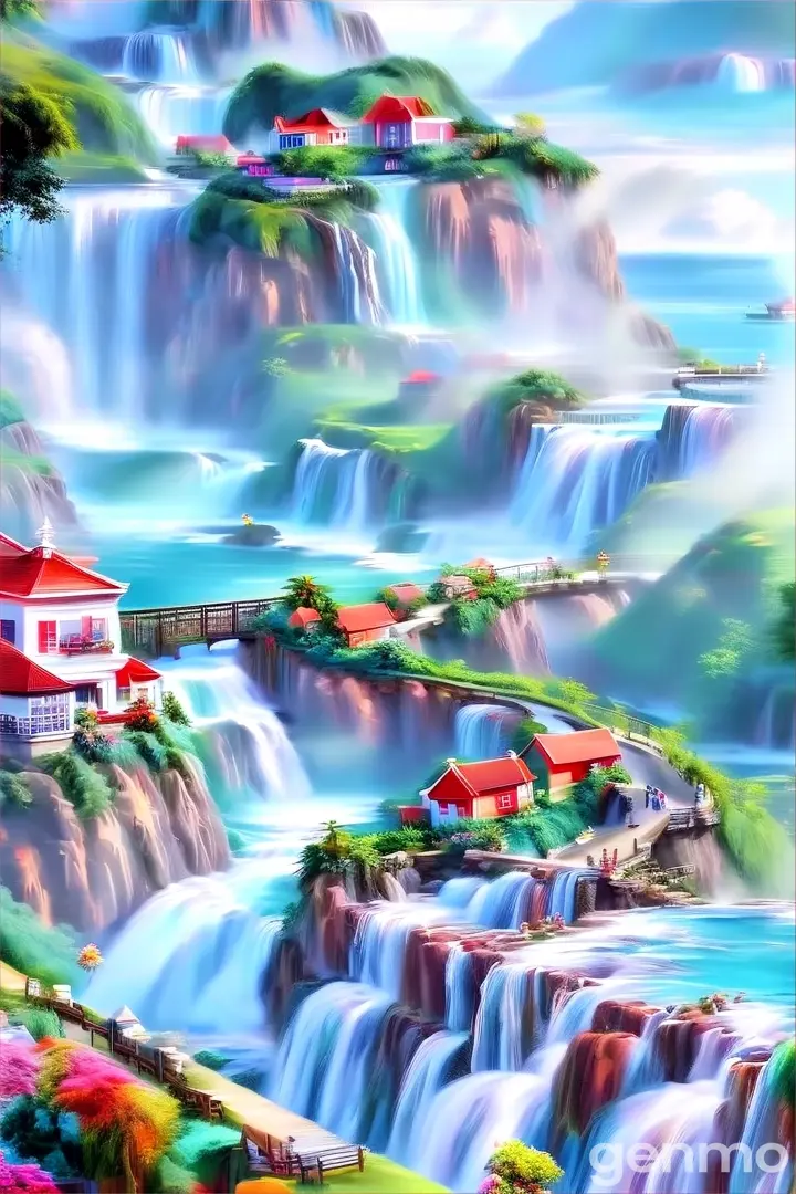 a painting of a waterfall with houses on it