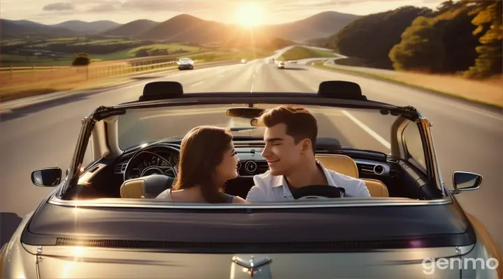 A on young man and young lady sitting on the car car moving