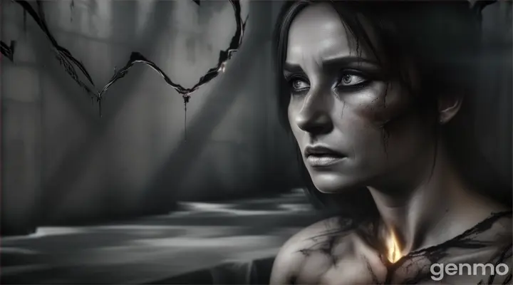 The woman's heart beginning to wither and decay under the Soul of Dark man’s  touch - The once vibrant heart now starts to darken and crack, its light dimming as shadows consume it. The Soul of White woman’s expression is one of sorrow and helplessness as Soul of White woman’s watches the heart she offered begin to die. Hyper real, Photo realistic, Hyper-detailed, cinematic, 16:9, Ultra 8K, Hyper-detailed.