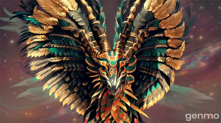 Quetzalcoatl, "the feathered serpent", BEAUTIFUL black EYES, very detailed face, BEAUTIFUL EYES, GALAXY OF STARS background, 4k, high resolution, TATTOOS, MAYAN PYRAMIDS, WINGS ON THE FEET, THE KING OF TALOACAN, PLUME Set of raised feathers that have certain SNAKES on the top of the head. SNAKE HEAD PLUME, SNAKE WINGS