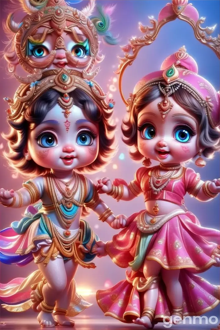 a couple of baby Krishna and baby girl Radha's walking, perfect prominent features, 100% perfect and professional video with perfect movements and animations, masterpiece artwork, everything should be very accurate and perfect, 9:16 ratio