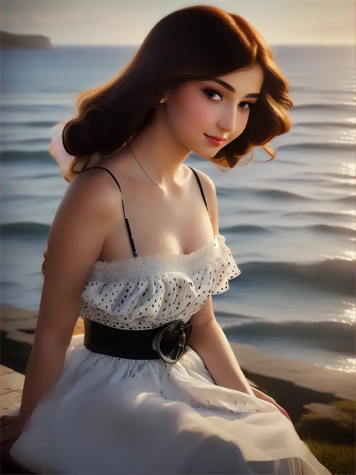 A beautiful woman sitting by the sea, lush hair fluttering in the wind, organza dress with black and white polka dots, red belt, perfect face, perfect eyes, super-long eyelashes, light smile, white-white even teeth, gentle chiaroscuro, glazing technique to achieve great depth and brightness, glossy, brilliant, highly detailed, Harrison Fisher, Leonardo Da Vinci, Vermeer, masterpiece
