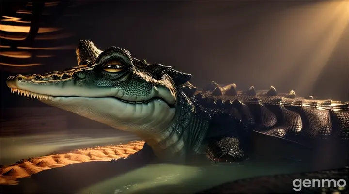 A dimly lit interior of the crocodile’s den with a focus on the conversation between the crocodile and female crocodile. The camera moves from the female crocodile sly expression to the crocodile's conflicted face. As the female crocodile speaks, the camera should slowly zoom in to enhance the tension, with a soundtrack of soft, suspenseful music playing in the background.
 Avoid fast cuts or bright lighting. The focus should be on creating a sense of internal conflict and tension. No loud or distracting noises; the sound design should be subtle, enhancing the suspense.. 3d rendering ,cinematic style in dall e-3 style 
