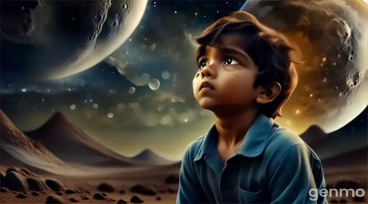 Ayaan stares at the moon, lost in imagination. He dreams of playing in moon dust, searching craters for hidden treasures, wondering about trees and creatures on the moon, bathed in its silvery light.