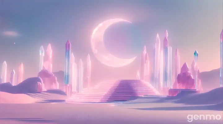 Pink desert with pillars made of clear and glittering glass crystals, moon made of pink crystals