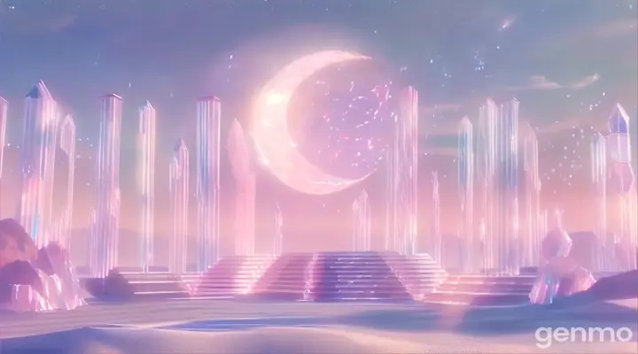 Pink desert with clear, glittering crystal pillars and a pink crystal moon, glittering