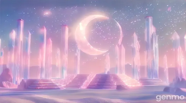 Pink desert with clear, glittering crystal pillars and a pink crystal moon, glittering