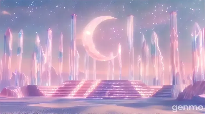 Pink desert with clear, glittering crystal pillars and a pink crystal moon, glittering