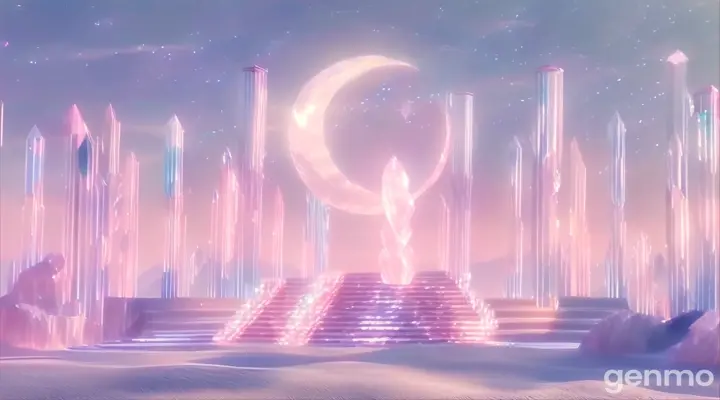 Pink desert with clear, glittering crystal pillars and a pink crystal moon, glittering