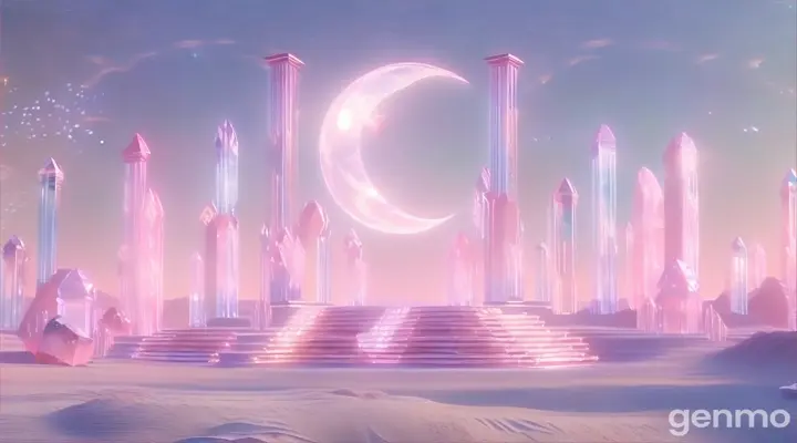 Pink desert with clear, glittering crystal pillars and a pink crystal moon