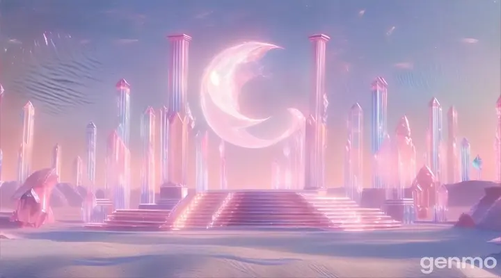 Pink desert with clear, glittering crystal pillars and a pink crystal moon