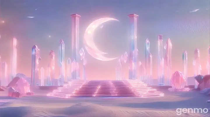 A pink desert scattered with iridescent crystal cacti, under a clear pink crystal moon