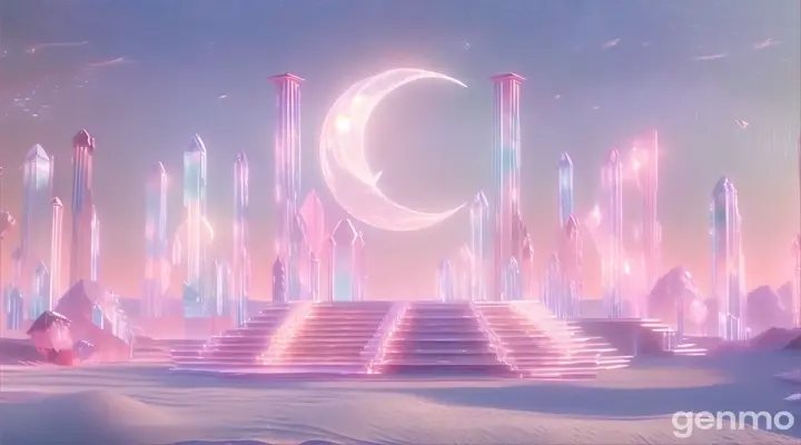 A pink desert scattered with iridescent crystal cacti, under a clear pink crystal moon