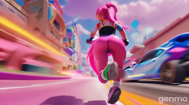 Amy with Pink hair running from Sonic videogame, view from the left