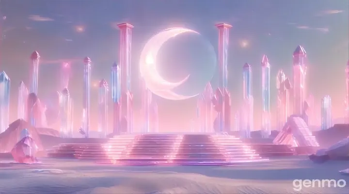 A pink desert scattered with iridescent crystal cacti, under a clear pink crystal moonm glowing pillars