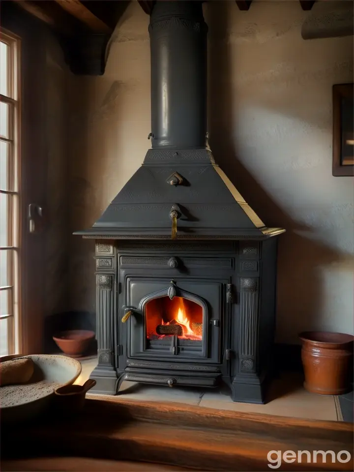 A close-up of the chulha (clay stove) in Rahul's house, with the fire burning low, casting eerie shadows across the kitchen.