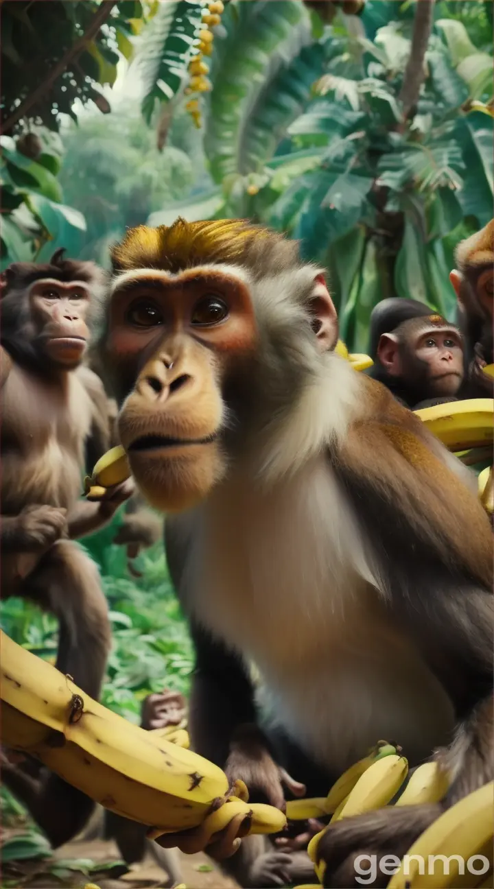  A big monkey is showing thd bunch of banana and kids monkey are running for banana here and there