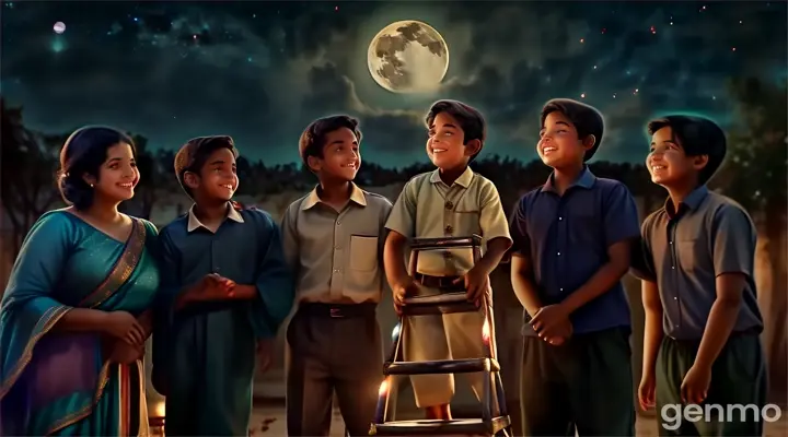 "A young boy, Ayaan, climbing a glowing, magical ladder with a piece of the moon in his hand, surrounded by amazed friends and family in a village setting, eyes sparkling with joy."