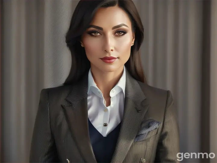 As the viewer gazes upon the image, they are immediately captivated by the striking beauty of the ultimate female businesswoman. The woman is impeccably dressed in a sharp, tailored suit that accentuates her curves and exudes confidence and authority. The fabric of the suit is a luxurious blend of wool and silk, with a subtle pinstripe pattern that adds a touch of sophistication to the ensemble. The suit jacket is perfectly fitted, with a narrow lapel and three buttons that emphasize the woman's trim waistline. 