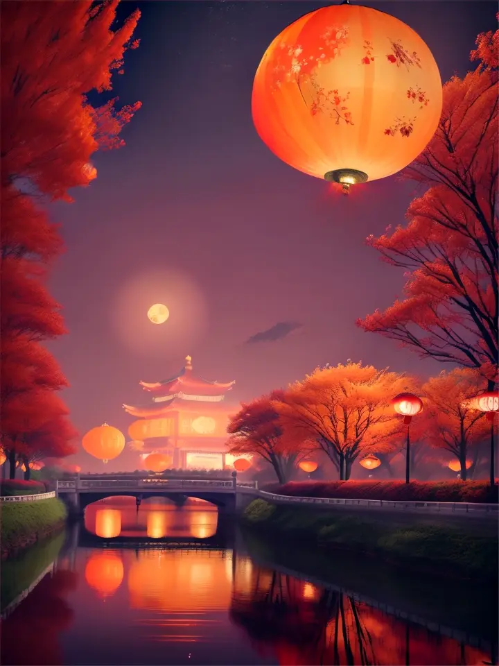 Mid-autumn festival celebration with a full moon illuminating happy faces, lanterns, and lilies, warm red and orange tones dominate the scene, capturing the essence of Chinese customs, Greg Rutkowski's dramatic style meets Loish's charm, while Rhads and Beeple contribute to the vibrant spectacle, Makoto Shinkai's attention to detail evident, in the spirit of Lois van Baarle and Ily