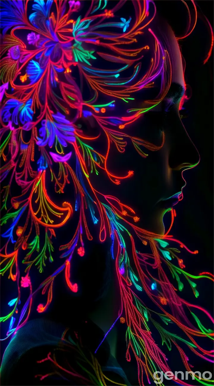 a woman's head with neon lights on it