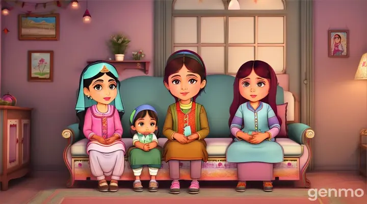 create cartoon style video, one  Pakistani old women,  one Pakistani young women with her one small  daughter and one small  son 
sitting at their drawing room together.

