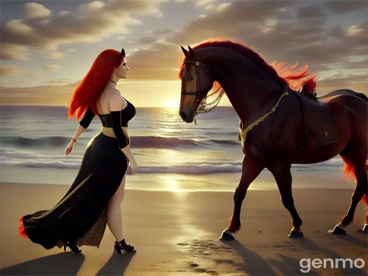 A beautiful and voluptuous woman, around 40 years old, with a tall stature and red hair, walks towards the sea, while in the distance, a winged horse approaches.