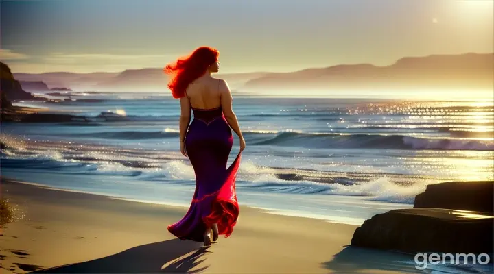 A stunningly beautiful and voluptuous woman, who appears to be around 40 years old, walks gracefully towards the shimmering sea. She possesses a tall and elegant stature, complemented by her striking red hair that flows gently in the breeze. As she makes her way along the sandy shore, her bare back and curves are illuminated by the sunlight. In the distance, a magnificent winged horse can be seen approaching, its majestic wings spread wide, creating a captivating scene that blends fantasy with reality.