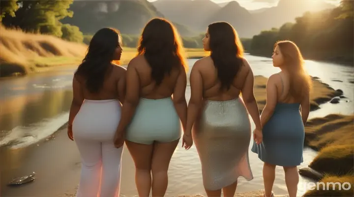 Three women with bare backs  are walking and joking beside a river. One is tall, with long hair and a plump figure, while another is a  booty woman of color with her back turned towards us.