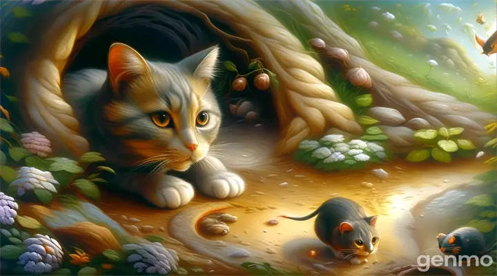 Scene 9: The Cat’s Vow

Prompt: "The cat, still angry, sits outside the mouse's hole, making a vow to hunt mice wherever they meet. The scene is dark, with the cat's eyes glowing with determination, and the hole where the mouse escaped is barely visible."