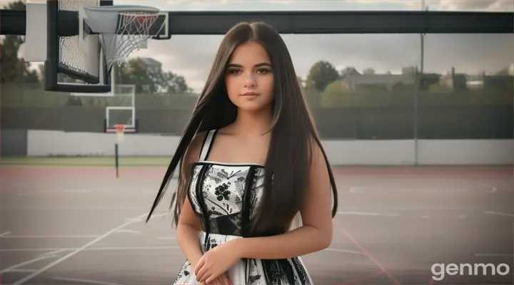 A 19 year old girl in a black and white lace school dress stands against the background of a basketball court fence. Her dress flutters in the wind on a sunny day. Long straight hair, brunette. The girl looks down into the camera coquettishly. Close-up view of the girl, large lens. Photos on the topic of sports, youth, love. 16:9