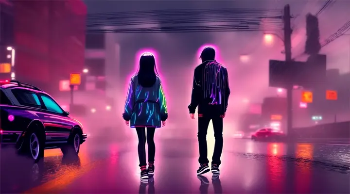a girl in a white t-shirt stands in the middle between two guys in black jackets on the street, background - neon rain city at night, heavy rain, anime style, wide shot as Seed: 2977082983