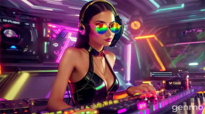 A slender woman with a bigger bust than usual in steampunk sunglasses, shiny headphones and a low-cut latex swimsuit stands near a DJ's mixing console and an electric piano in a steampunk club. A minimum of clothes. Laser beams of bright colors on the background of large television screens. “An FPV drone shot”