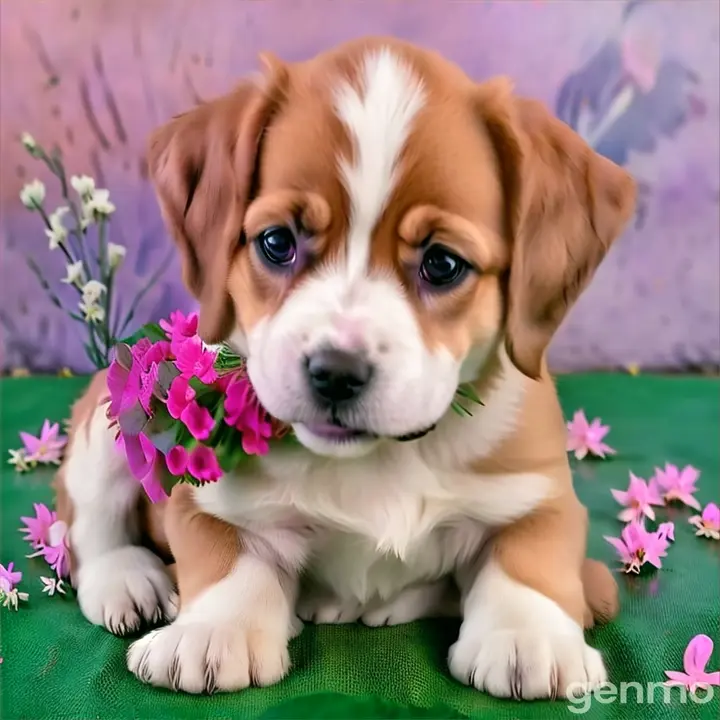 a puppy with a bunch of flowers in its mouth