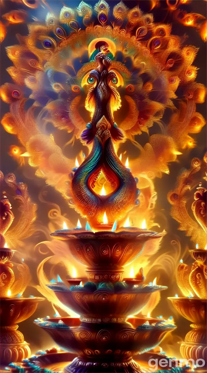 an artistic image of a peacock surrounded by candles