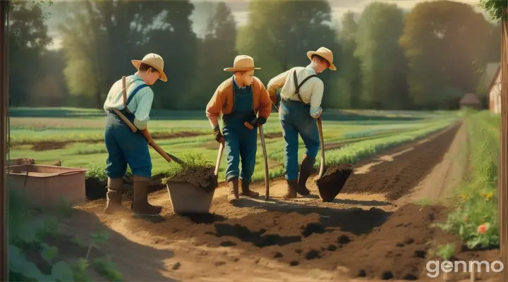 Preparing the Garden: The boys clearing the land, digging, and preparing the soil for planting