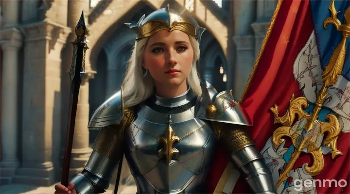 Cinematic, dolly tracking shot of Joan of Arc in armor, holding a fleur de lis banner, facing camera.