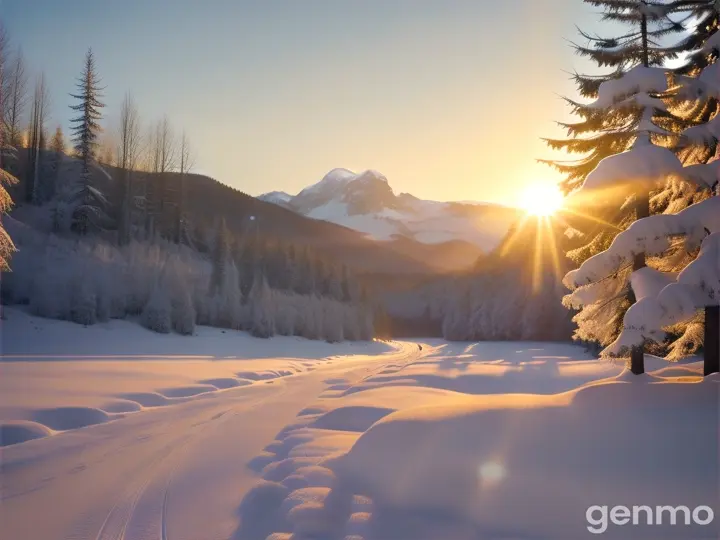 Crie vídeo de paisagem montanhas árvore frio gelo sol ao fundo 